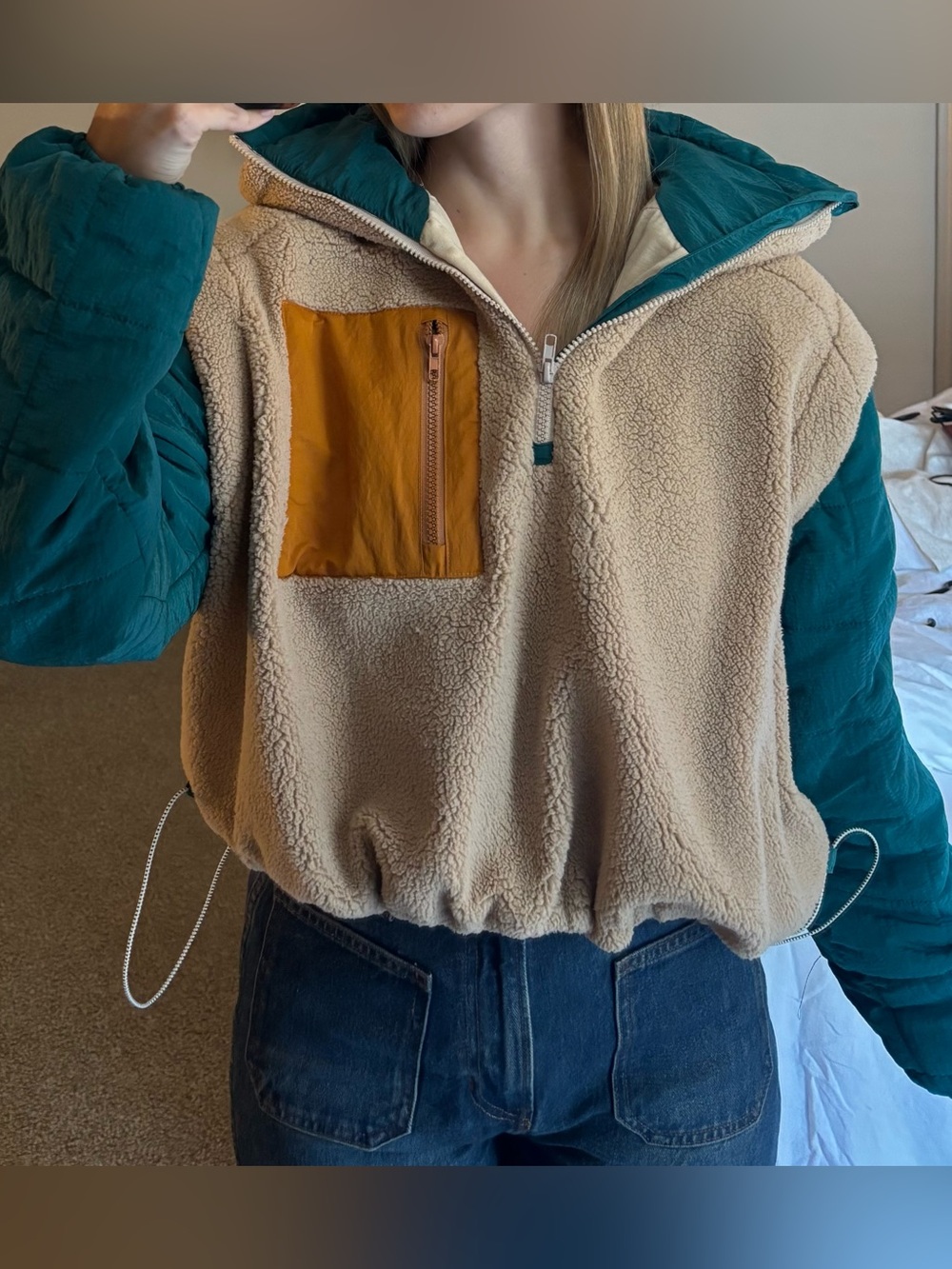 Teal & Cream Sherpa Half-Zip Pullover with Mustard Pocket - Picture 1 of 3